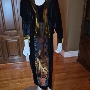 Velvet Black Maxi Dress with Jacket Gold Accent Panel